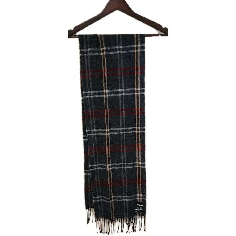 Cejon Italian Scarf Soft Acrylic Gray Red Plaid Fringe Soft 11x64